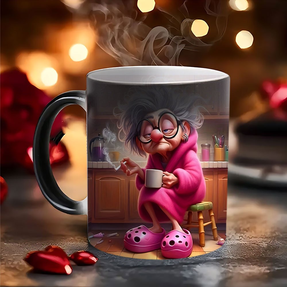 TEMU 1pc 11oz Temperature-sensitive Mug Ceramic Cup With Heat-sensitive Color Change Featuring Old Pink Robe Theme Design, Ideal For Breakfast,