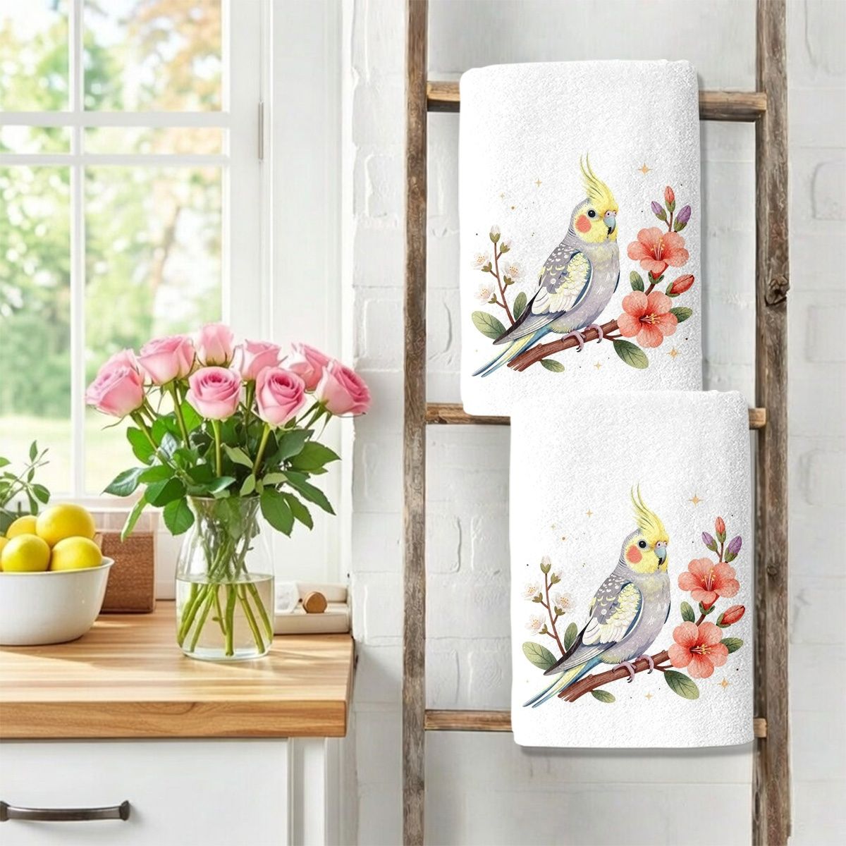 TEMU 2pcs Cleaning Cloth Set, Kitchen Towel With Budgerigar And Cockatiel Theme, Microfiber Cleaning Cloth, Hand Towel, Gift, Camping Scene, Bathroom