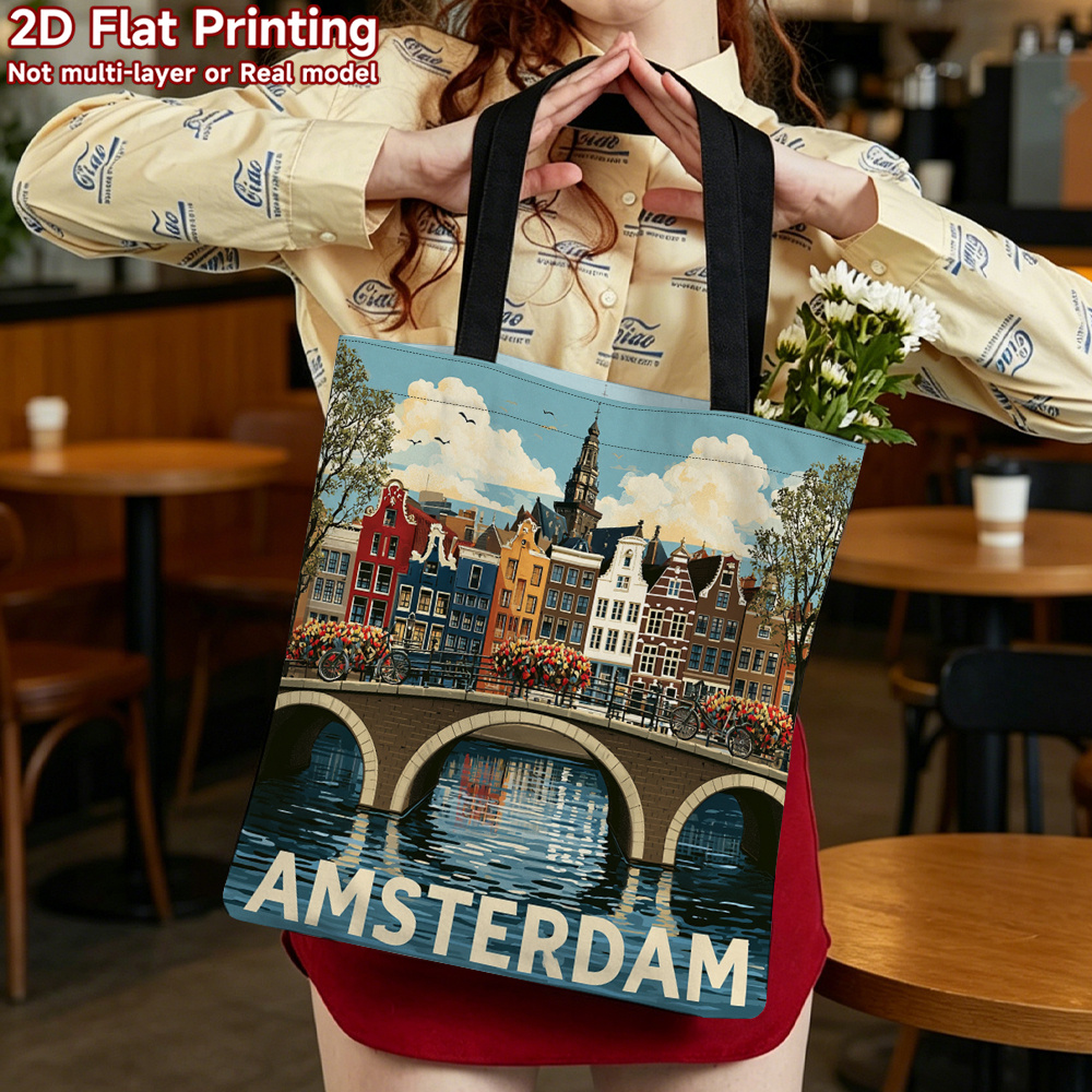 TEMU 1pc,women's Handbags, Amsterdam-themed Foldable Tote Bag Suitable For Camping Trips & Daily , Reusable Grocery Bag With Dutch Iconic Bridge &