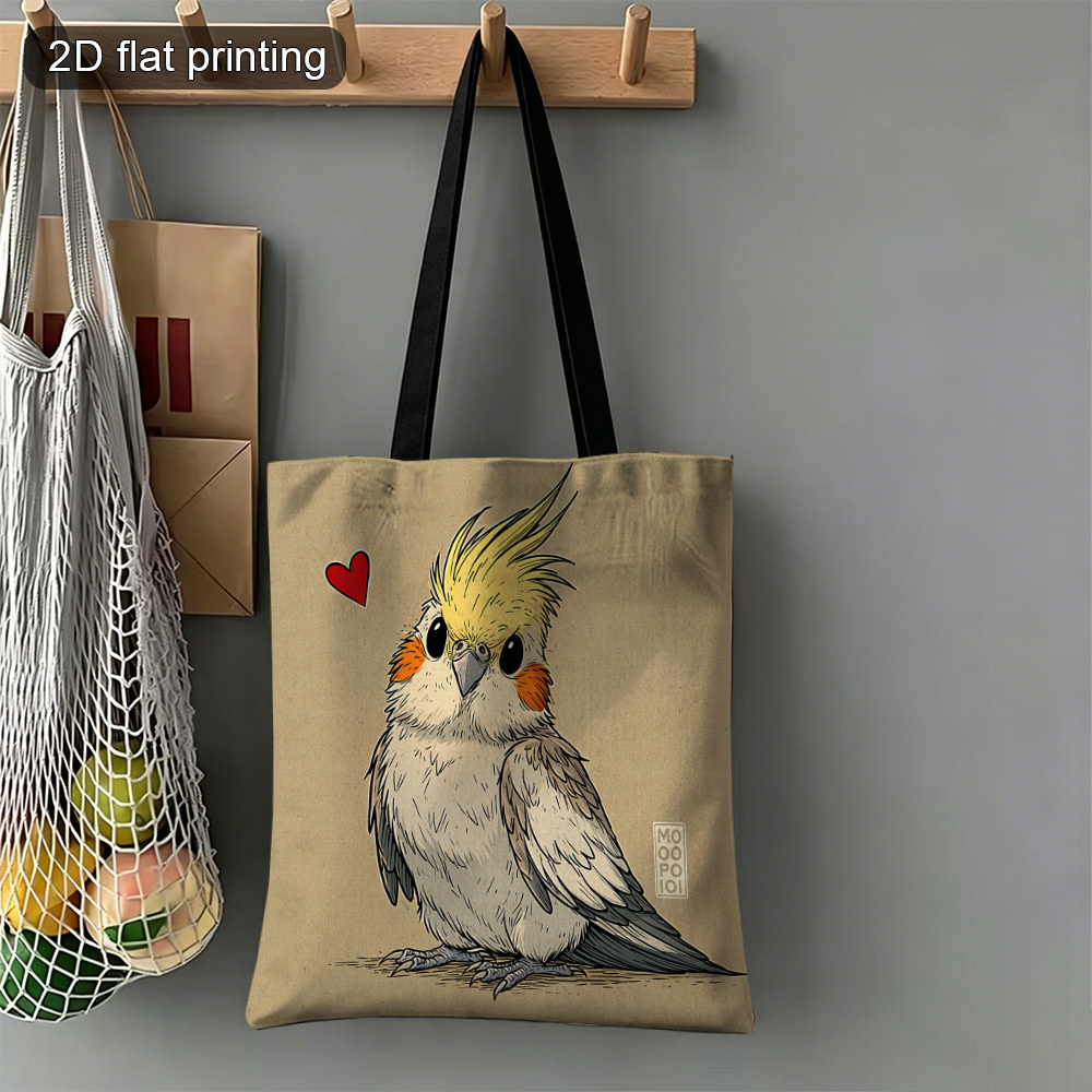 TEMU 1pc Cartoon Parrot With Red Heart Double-sided Print Tote Bag, Durable Rectangular Foldable Reusable 2d Flat Tote Bag, For Daily Use, Commuting,