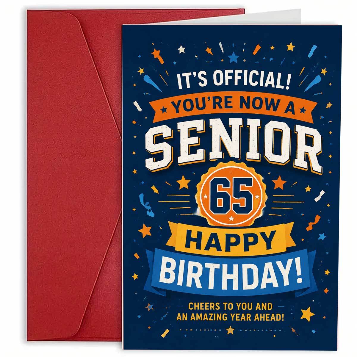 TEMU 1pc Exquisite 65th Birthday Card, Featuring A Dark With And Ribbons, Printed With The Text "it's Official! You're Now A Senior 65 Happy