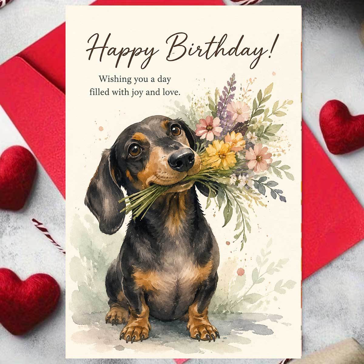 TEMU 1 Greeting Card + 1 Envelope. 2d Flat 1pc Exquisite Birthday Card, Featuring A Dachshund Holding A Flower In Its Mouth In A Watercolor Painting