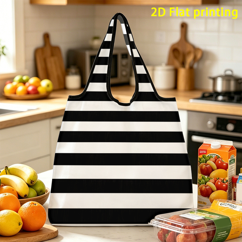 TEMU 1pc,black White Stripe Reusable Foldable Shopping Bagreusable, Suitable For Storage, For Essential Items In Season