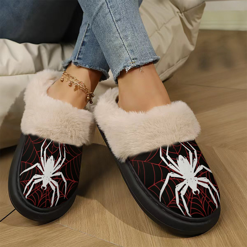 TEMU Black Spider Print Slippers Suitable For Home & Outdoor - Plush -lined , Thick Sole With Sole, Soft Rebound , Retro /outdoor For Cold Weather,