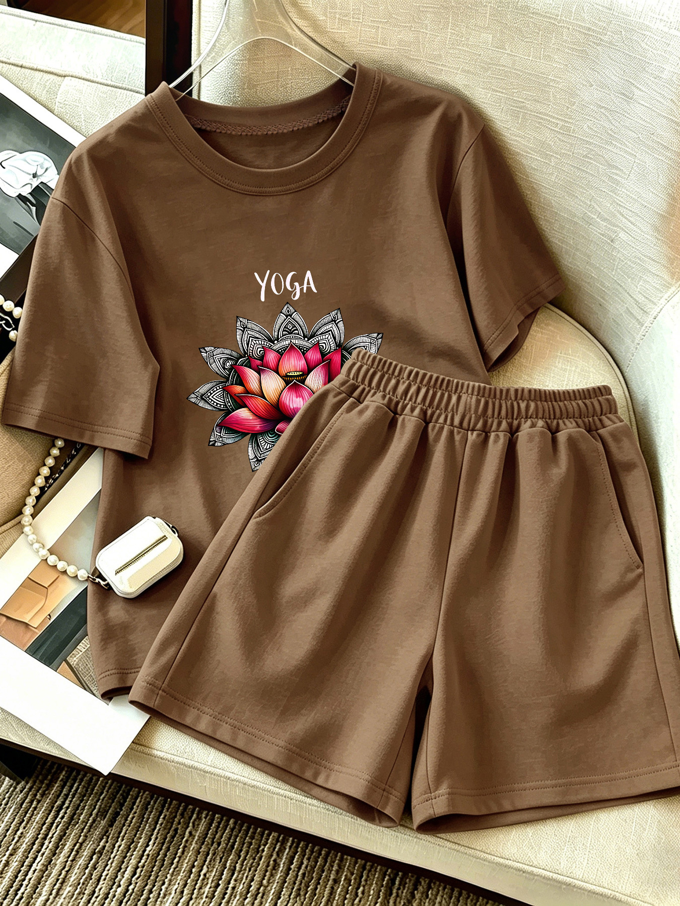 item picture yoga mandala for lotus casual sporty   summer print womens round neck top with pocket      