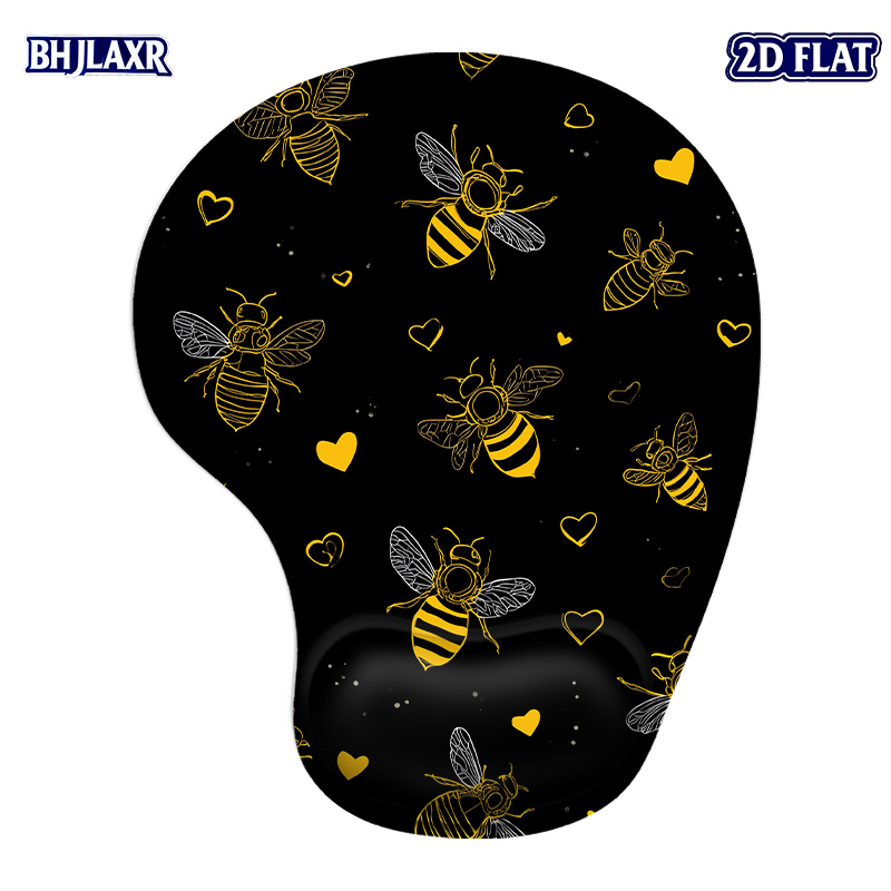 TEMU 1pc 2d Flat Yellow Black Bees & Hearts Seamless Pattern Silicone Wrist Rest Mouse Pad 8.98*7.56in - Ergonomic For Office Home, Perfect Gift