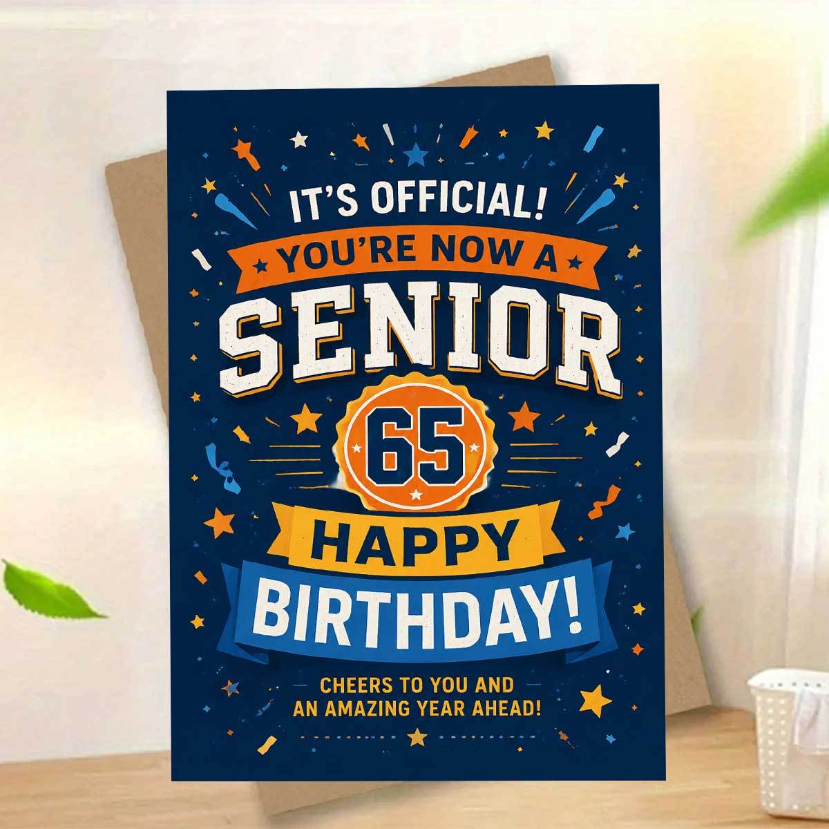 TEMU 1 pièce Carte d'anniversaire pour 65e anniversaire, avec un foncé d' et de orange, imprimée avec le texte "C'EST OFFICIEL ! VOUS ÊTES MAINTENANT