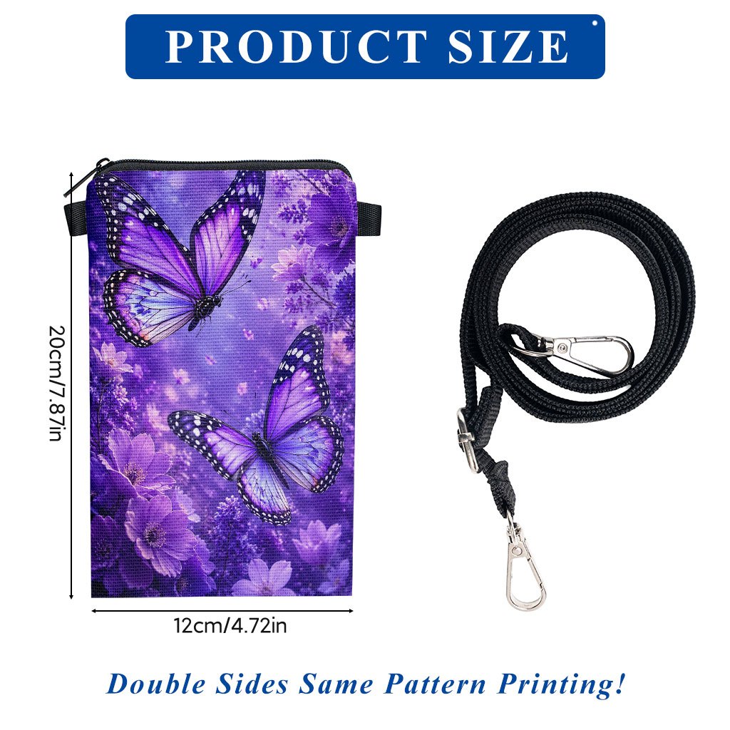 TEMU Phone Bag 1pc, Purple Butterflies Flying Over Flowers Print Mobile Phone Bag, Adjustable Strap Crossbody Phone Pouch, Mini Zipper Shoulder Bag,