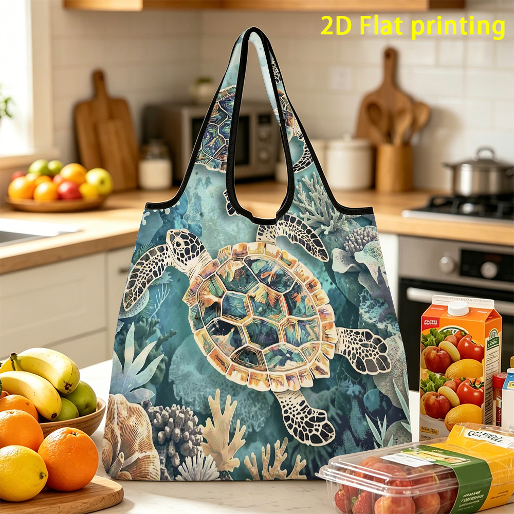 TEMU 1pc, Watercolor Turtles Large Capacity Foldable Shopping Bag Reusable, Suitable For Storage, For Essential Items In Season