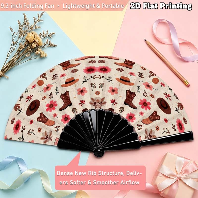 TEMU 2d Flat - (2d) 1pc, 7-inch Handheld Folding Fan, Country Style Cowboy Boots And Floral Pattern, Western Style Festive Digital Printed Decorative