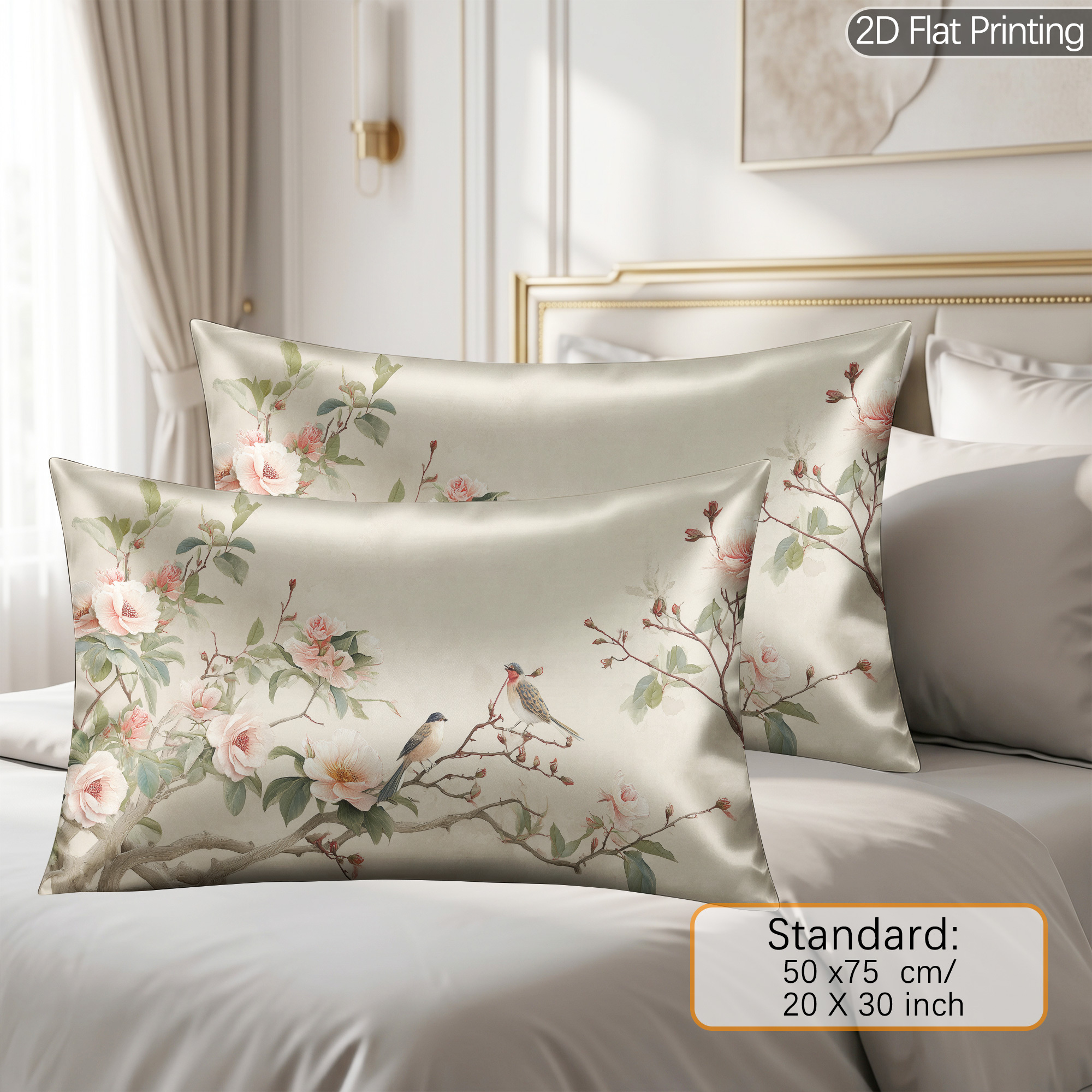 TEMU 2-pack Satin Pillowcases - 2d Flat Printing - Chinese Floral Bird Pattern - Pillow Covers, Soft Smooth Cooling Pillowcase, Skin And Hair