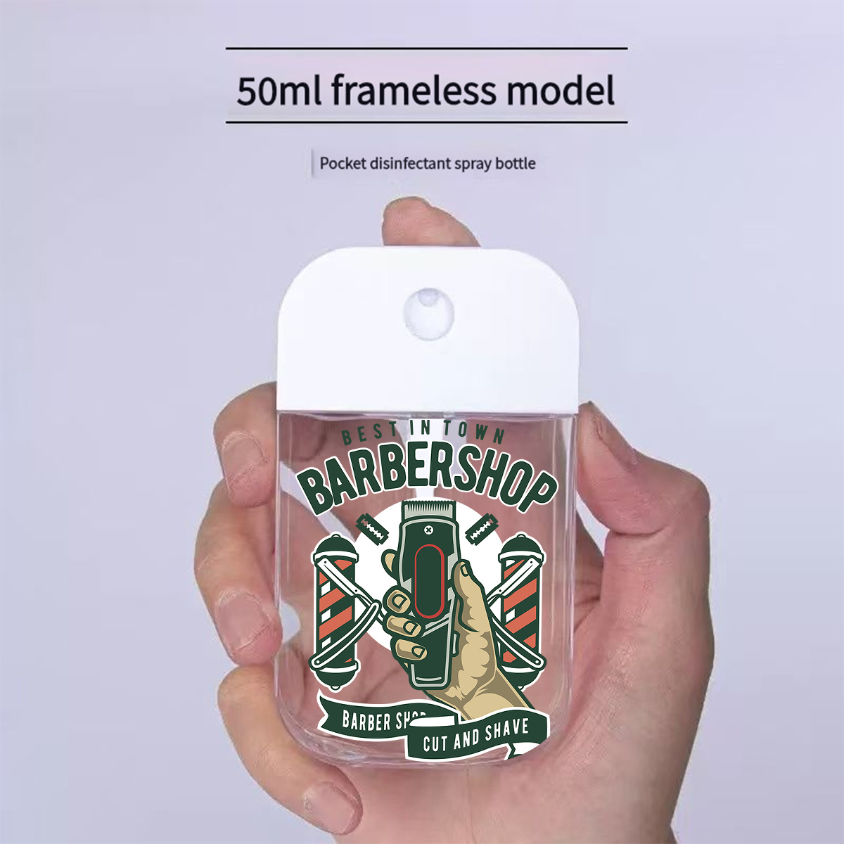 TEMU Hand Holding Clipper Barbershop Logo And "cut And Shave" Patterns 50ml Clear Travel Spray Bottle - Refillable For Makeup, Skincare, Or Water,