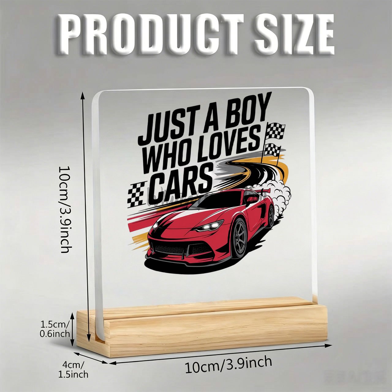 TEMU 1pc Car On Race Track Pattern Ornament With Inspirational Slogan, Acrylic Ornament With Wooden Base, Paperweight, Office Desk Decoration, Office