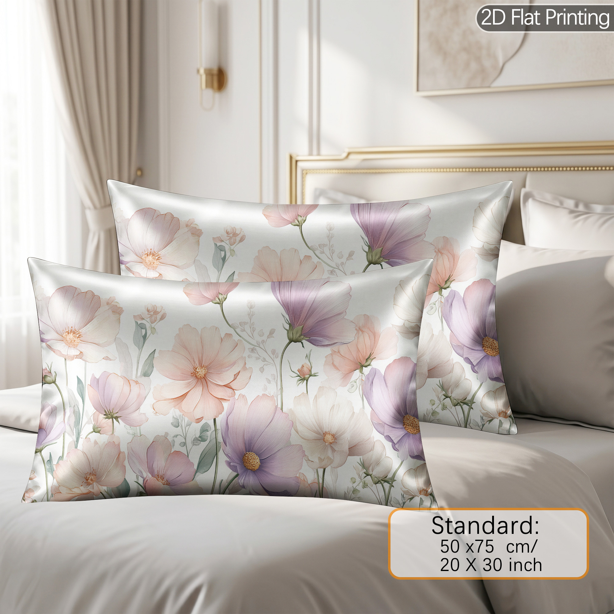 TEMU 2 Pack Soft Smooth Satin Pillowcases Suitable For Skin & Hair Care, Cooling Bedding Covers With Zipper Closure, Floral Zippered Pillow Case For