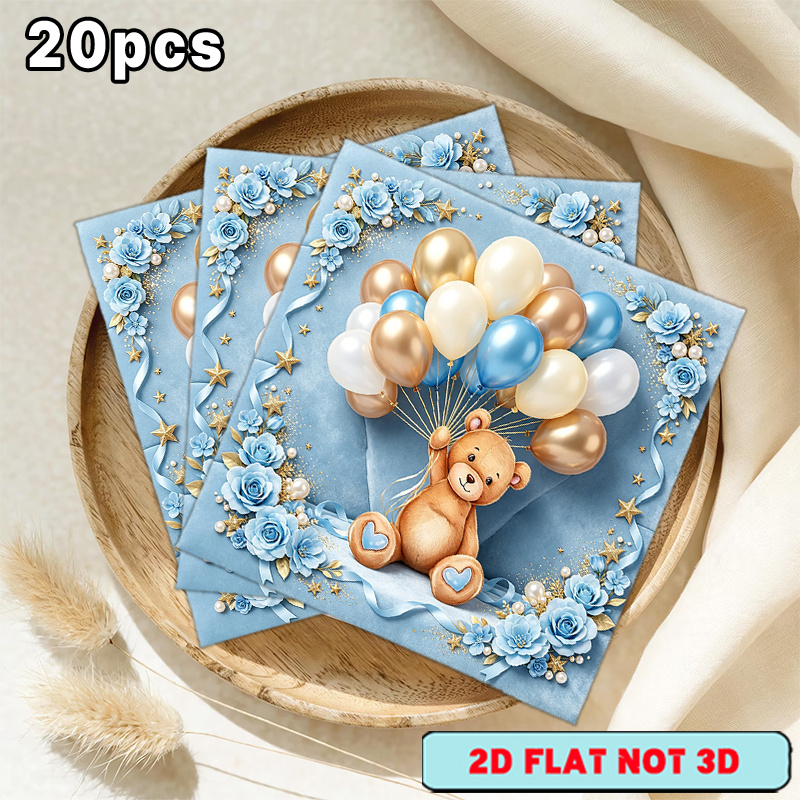 TEMU [2D Plat] 20 serviettes de table jetables motif en ballon bleu floral, pour les fêtes, 2 couches, convient pour divers festivals, fêtes