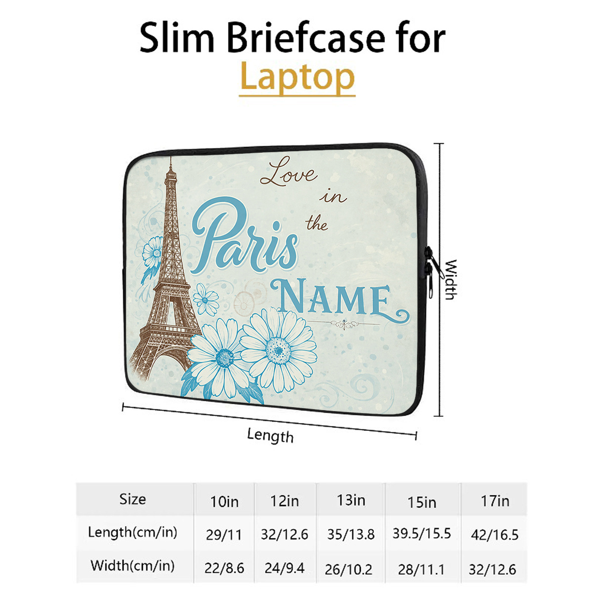 Personalized Eiffel Tower Laptop Sleeve Case, Custom Name/Text