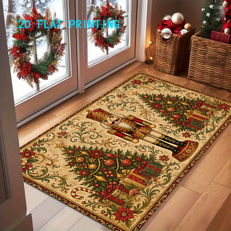 TEMU 1pc, 2d Flat Printing, Christmas Nutcracker Holiday Doormat With Vintage , Non-slip Machine Washable Easy-to-clean Polyester Mat, Suitable For