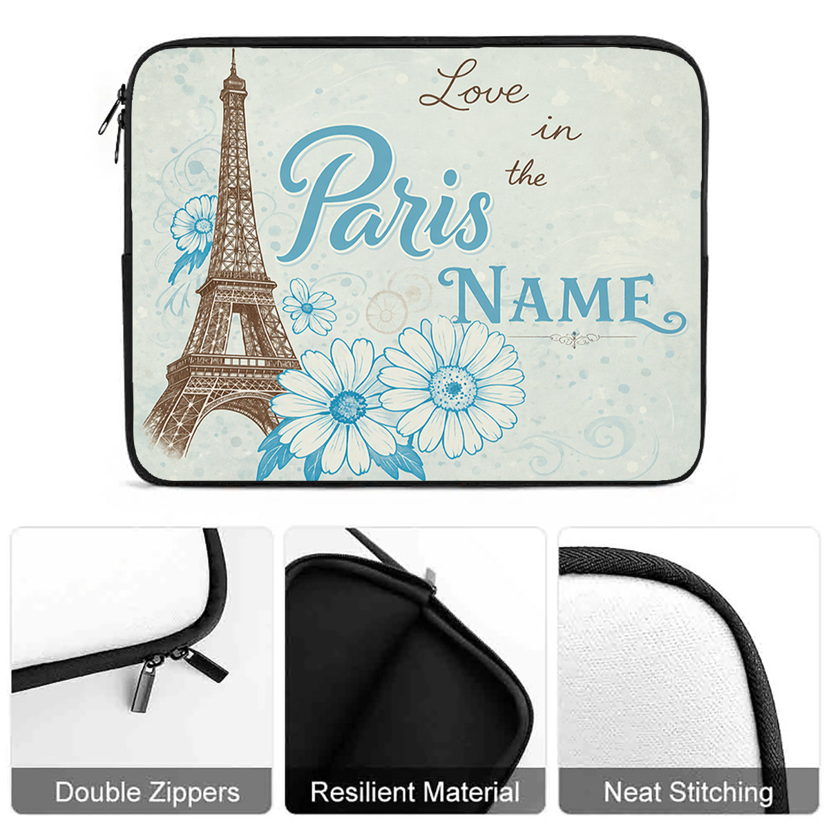 Personalized Eiffel Tower Laptop Sleeve Case, Custom Name/Text