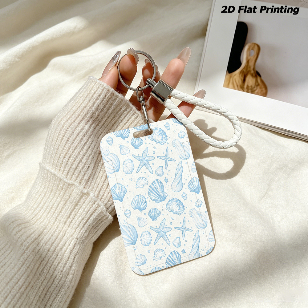 TEMU Blue Seashell 2d Flat Printing Sliding Plastic Card Holder, Id Badge Protector With Retractable Clip, Vertical Case For School And Public
