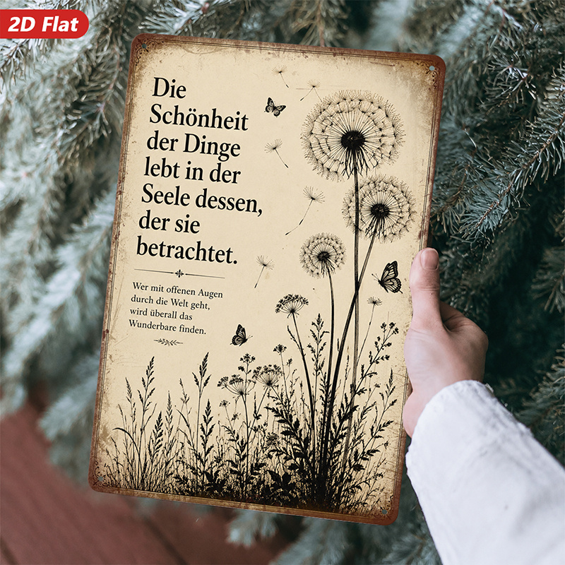 TEMU 2D-Flach, . Metallschild Wandkunst, Pusteblumen-Kunstwerk, Dekor mit deutschem Zitat, Vintage-Stil, , für Wohnzimmer, Arbeitszimmer, sichere