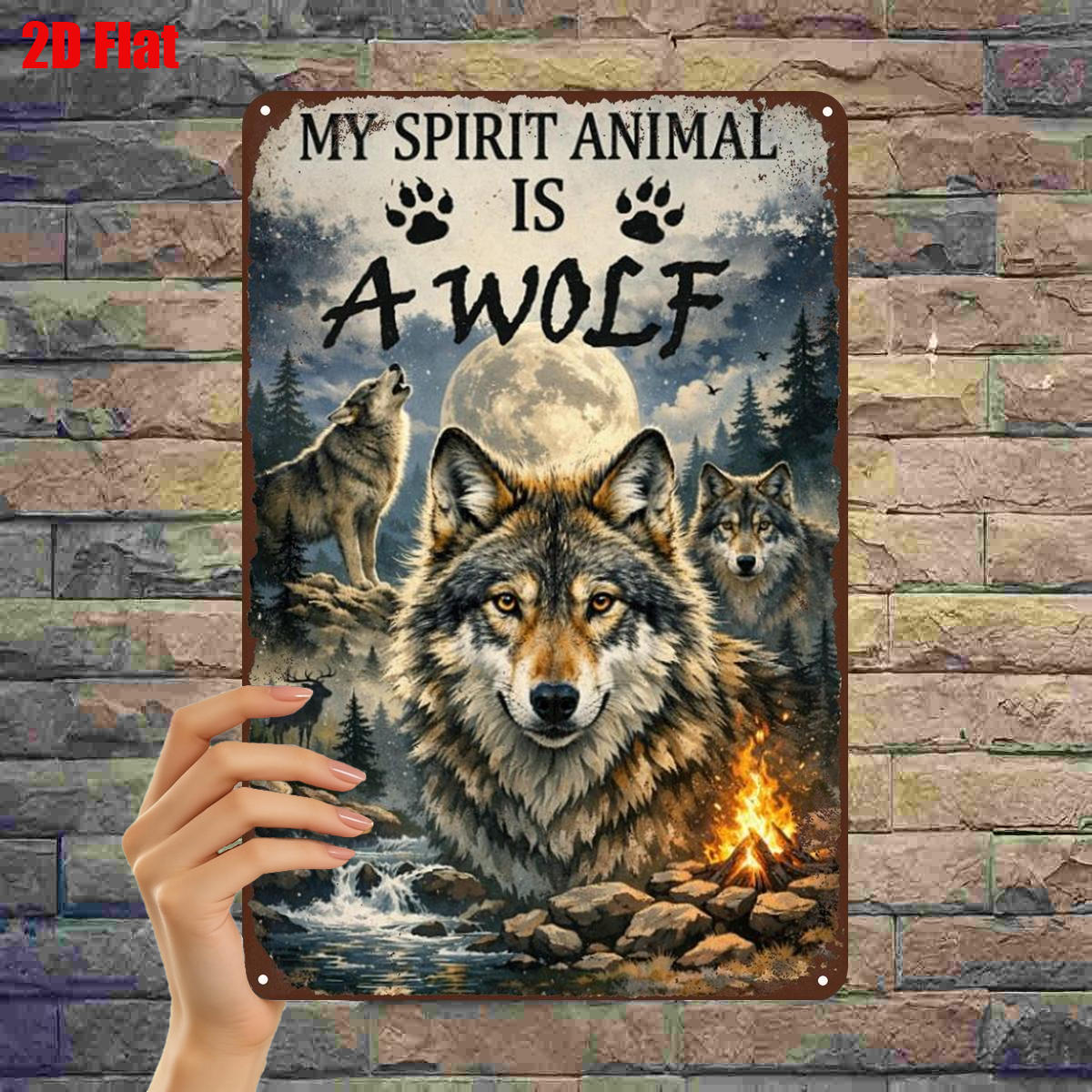 TEMU 2d Flat, 2d Flat 1pc, "my Is A Wolf" Metal Wall Art â Rustic Wolf Scene With Moon, Forest & Fire Decorative Sign 8Ã12 Inch, 2d Flat