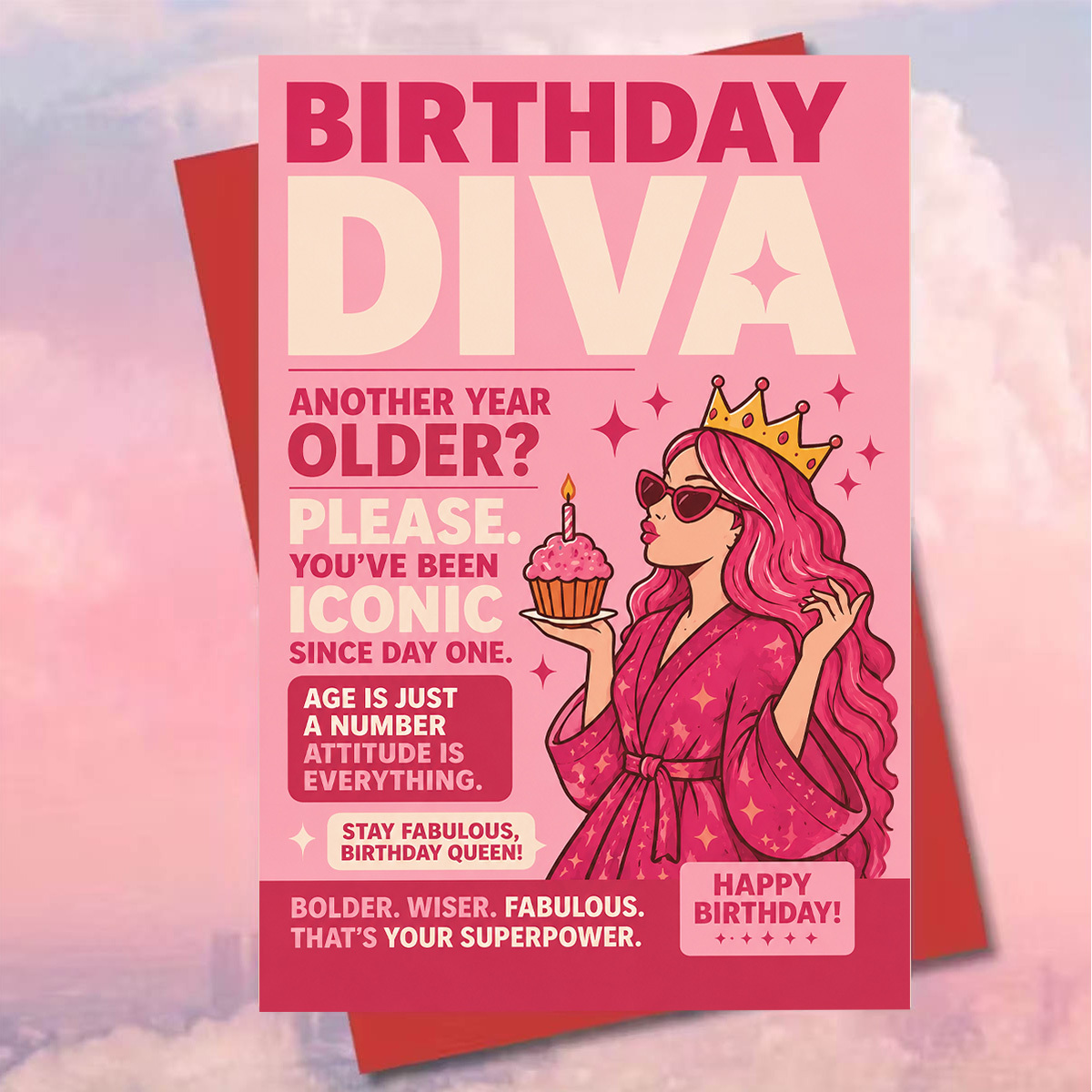 TEMU 1pc Exquisite Birthday Diva Greeting Card, "birthday Diva", Pink- Illustration Of Fashionable Woman Wearing Crown And Holding Cupcake, Suitable