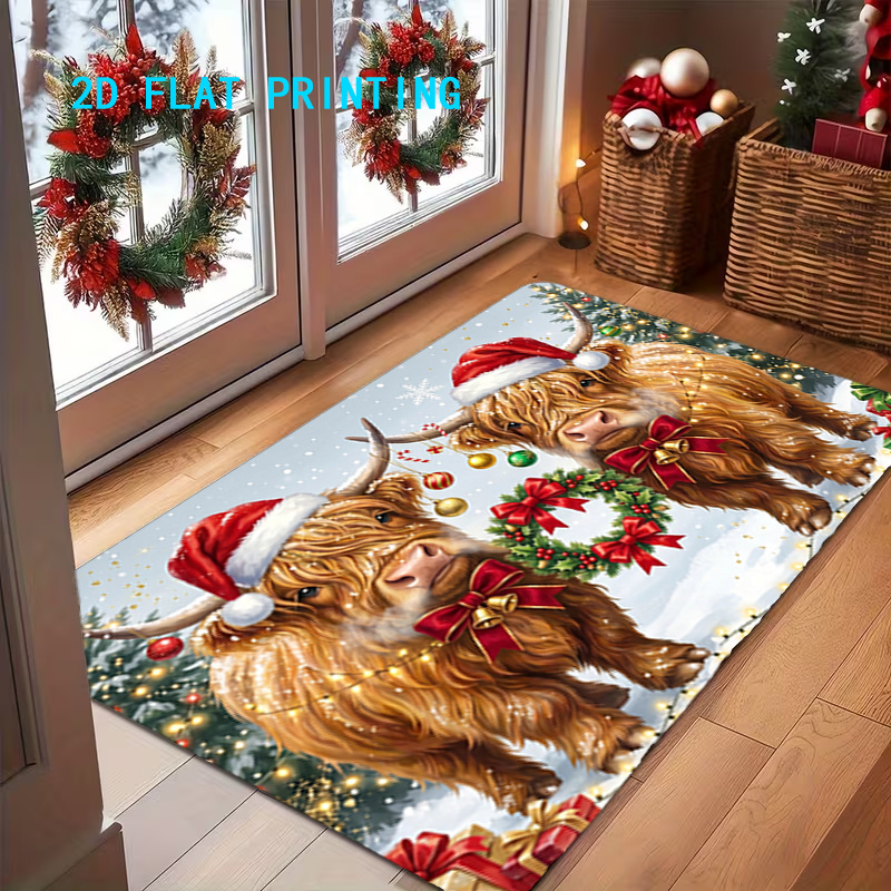 TEMU 1pc, Impression Plate 2D, Tapis de Sol Vache Highland de Noël, Tapis Antidérapant d'Entrée Ambiance Festive, Tapis en Polyester Lavable en