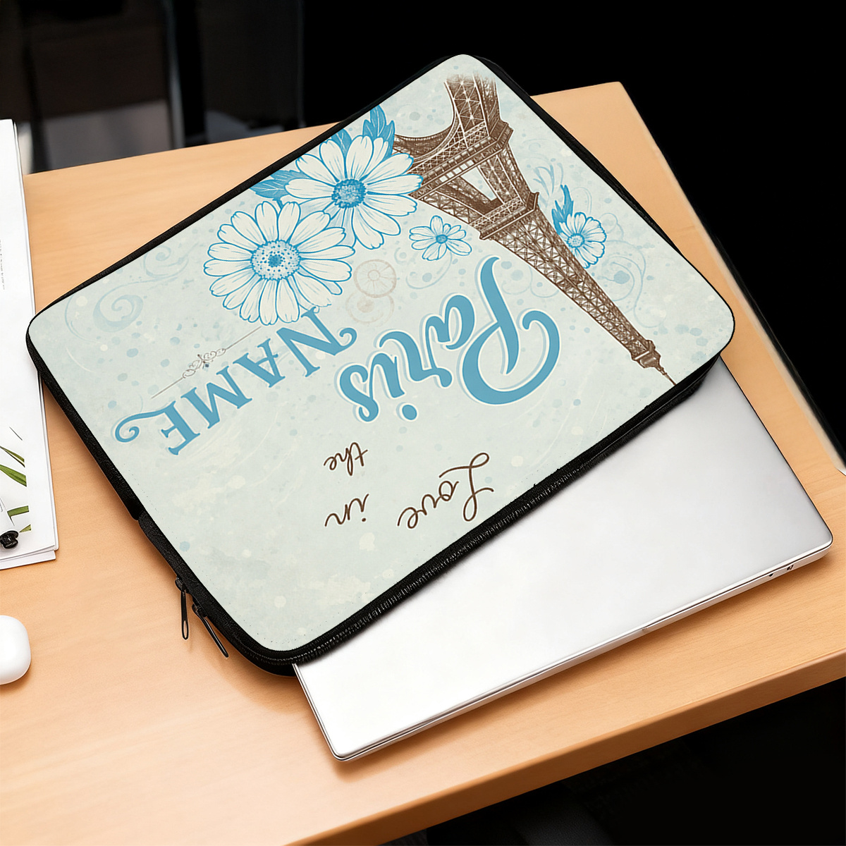 Personalized Eiffel Tower Laptop Sleeve Case, Custom Name/Text