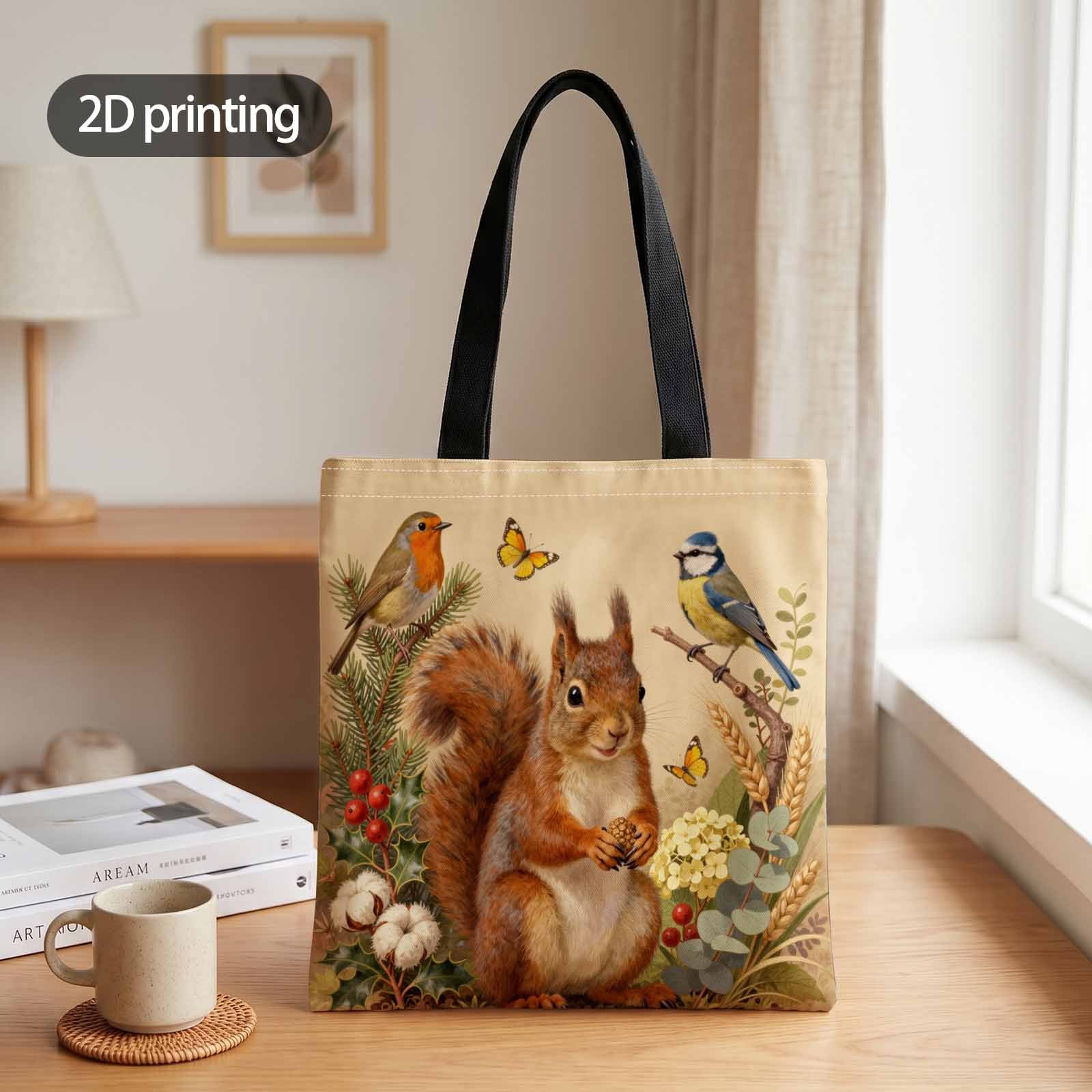 TEMU 1pc 2d Printing Tote Bag Animals With Birds And Butterflies Pattern, Suitable For Shopping Office Vacation Daily And Travel, Gift For .