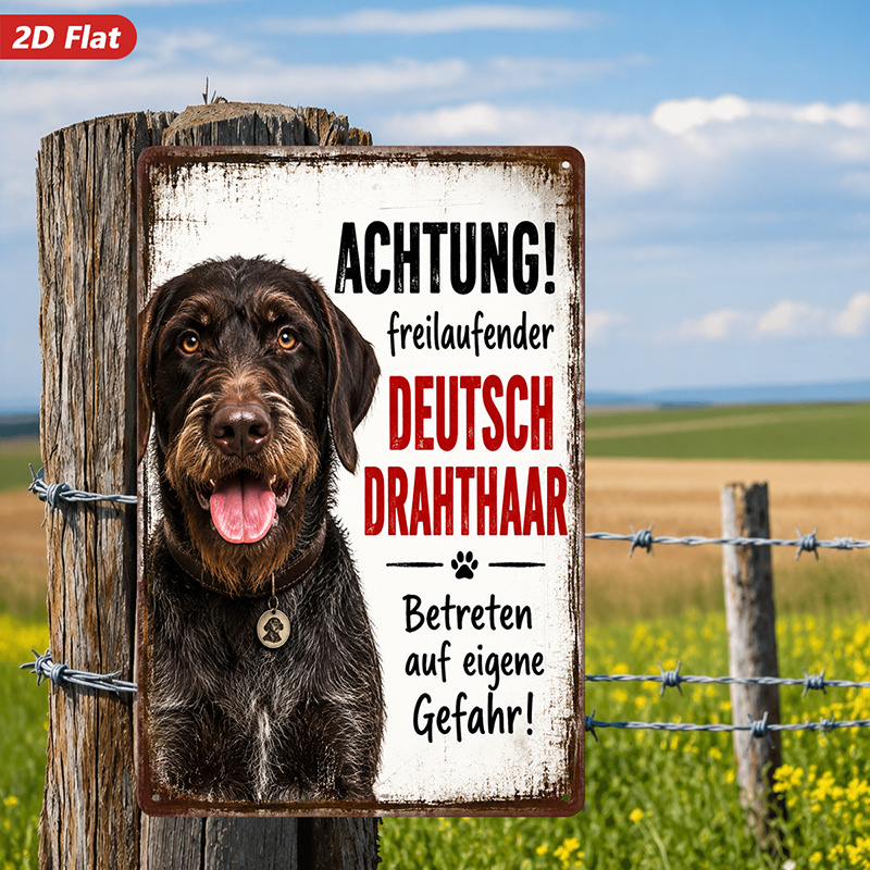 TEMU 2d Flat, 1pc Metal Sign Wall Art, German Wire-haired Dog Decorative Painting, Warning Text "achtung! Freilaufender Deutsch ", Rustic Style, For