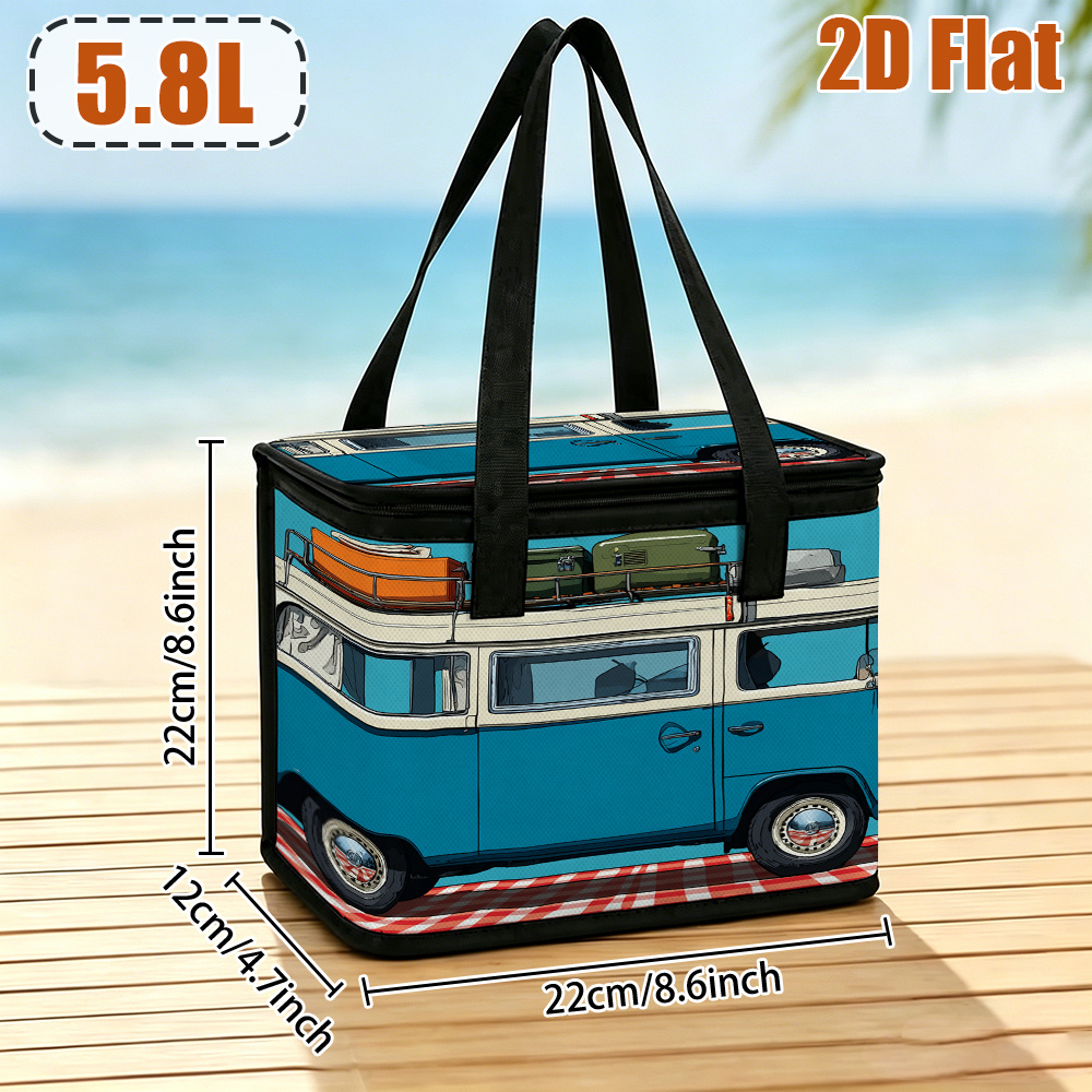 TEMU 2d Flat 1pc Van Pattern Printed Insulated Lunch Bag, Fashion Commute Lunch Tote, Durable Structure Suitable For Office And Outdoor Daily Use -