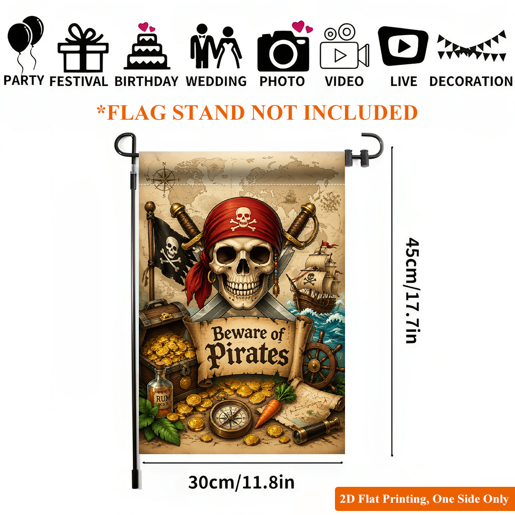 TEMU 2d Flat, 2d Flat Printing Garden Flag 1pc, Pirate Themed Elements Design Durable Single-sided Print Yard Flag, Garden & Home Holiday Decoration,