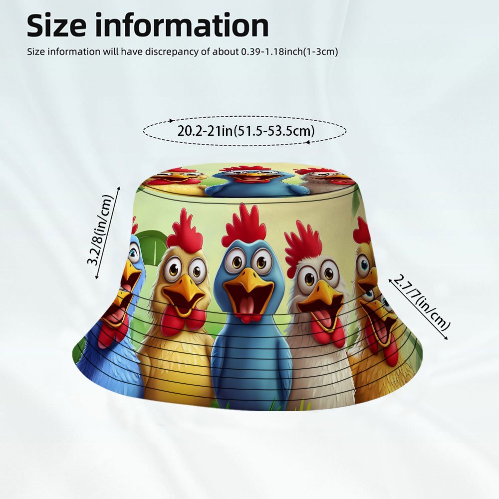 TEMU 2d Flat, 1pc 5 Colorful Cartoon Chickens Print Fisherman Bucket Hat, Fashionable Printed Fisherman Cap, Suitable For Tropical Vacations, Beach ,