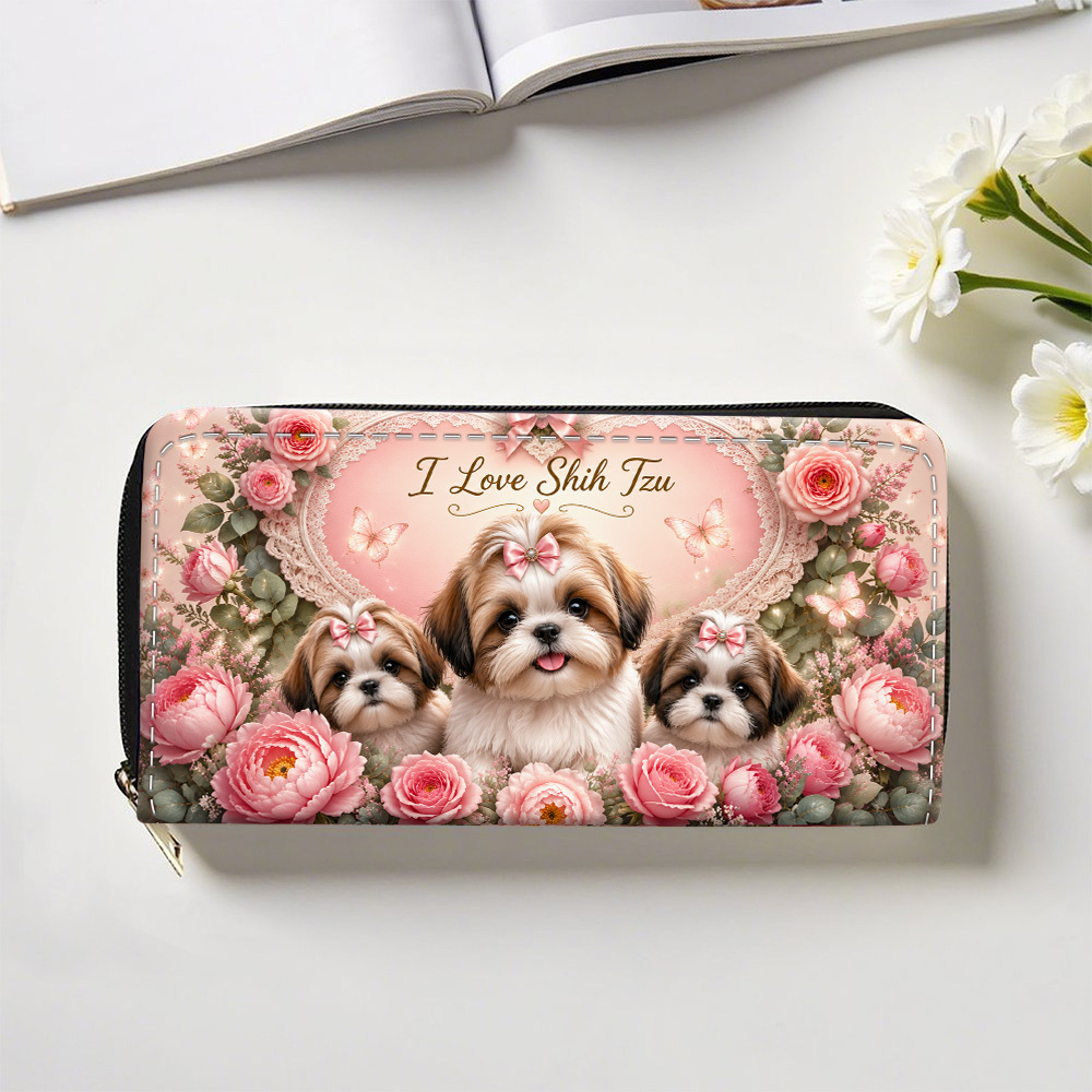 TEMU 1pc Shih Tzu Dogs 2d Flat Designed Long Wallet With Zipper, Multifunctional Pu Purse With Card Holder Card Slots And Coin Pouch, Fashionable