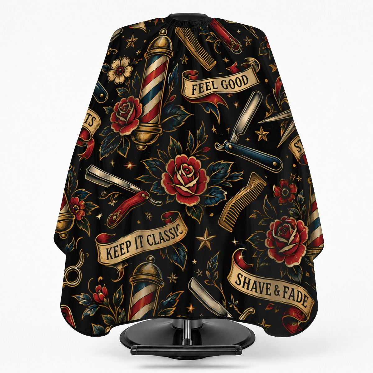 TEMU 1 pièce Cape de en Polyester avec Bouton-Pression, Base Noire Imprimé Bannière de Poteau de avec Tatouage Traditionnel Américain Rose, Cape de