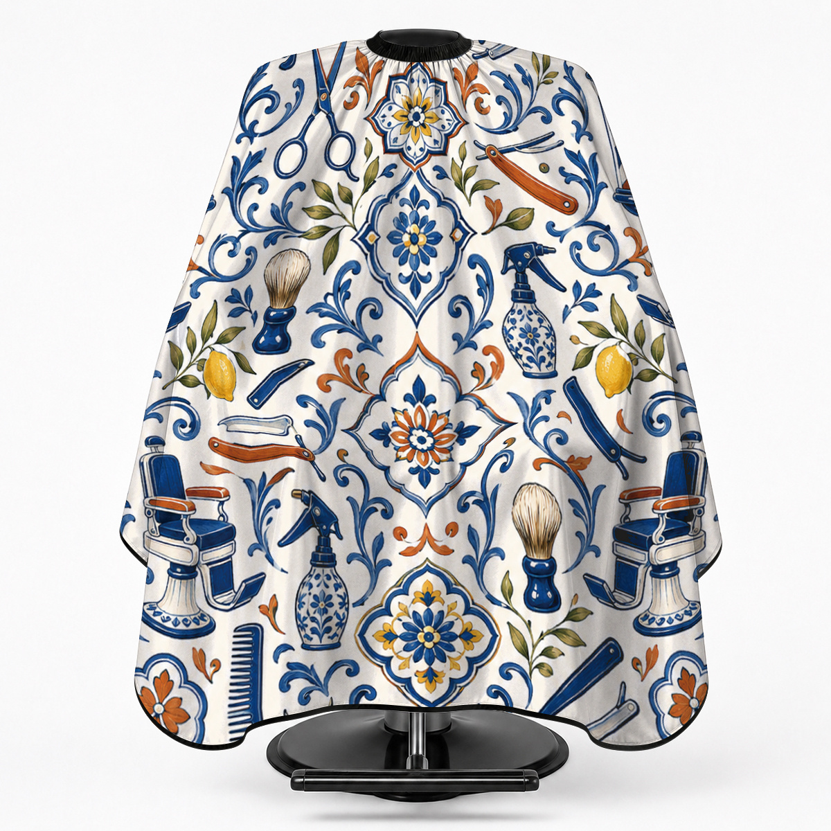 TEMU 1pc Polyester Barber Cape With Snap Fastener, Blue Tile Floral Vintage Barbershop Tool For All , Adjustable Neck Hair Cutting Cloak For Salon