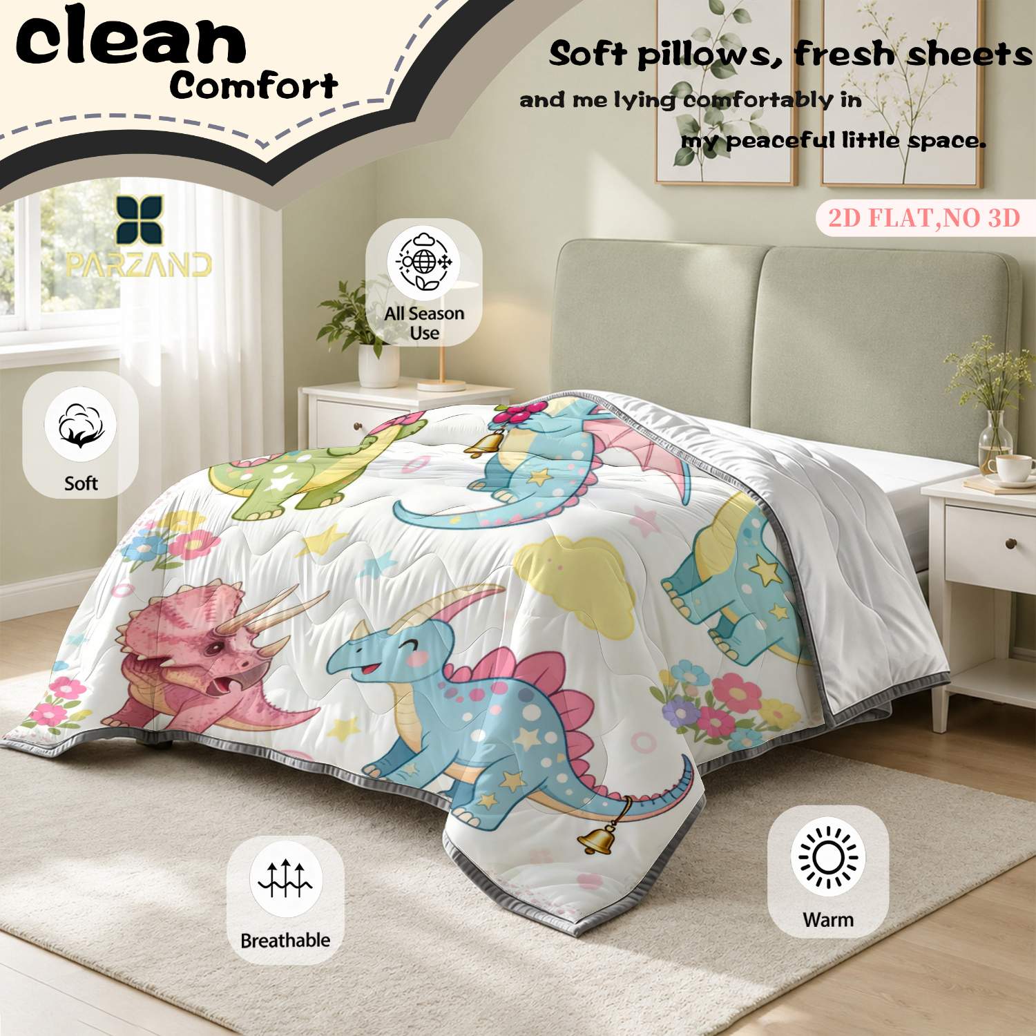Custom Name Dino Pastel Print Lightweight Summer Quilt