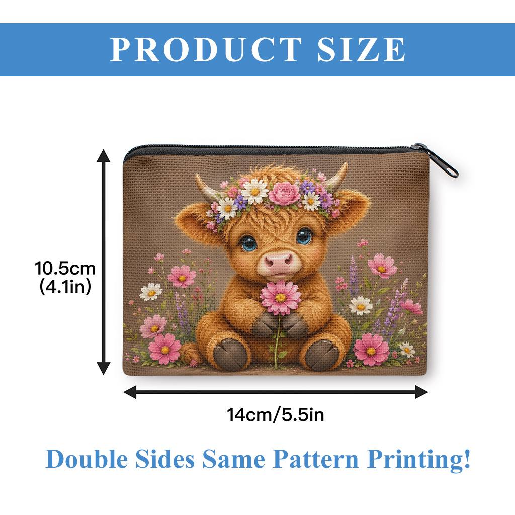 TEMU Coin Purse, Adorable Highland Cow Floral Printed Coin Purse, Multi-functional Zipper Clutch Pouch, Earphone Lipstick Small Items Storage Bag,