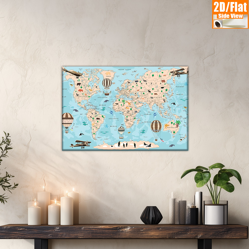 TEMU 2d Flat, 1pc World Map Suitable For Living Room, Bedroom, School - Modern Minimalist Vertical Wall With Adhesive Backing, Frameless World Chart