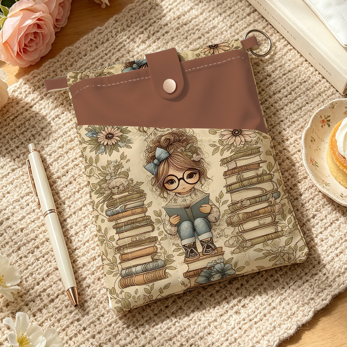 TEMU 1 Housse de livre avec motif de fille Kawaii sur des livres empilés, pour des stylos, des livres format A5 et des cahiers. Parfaite pour