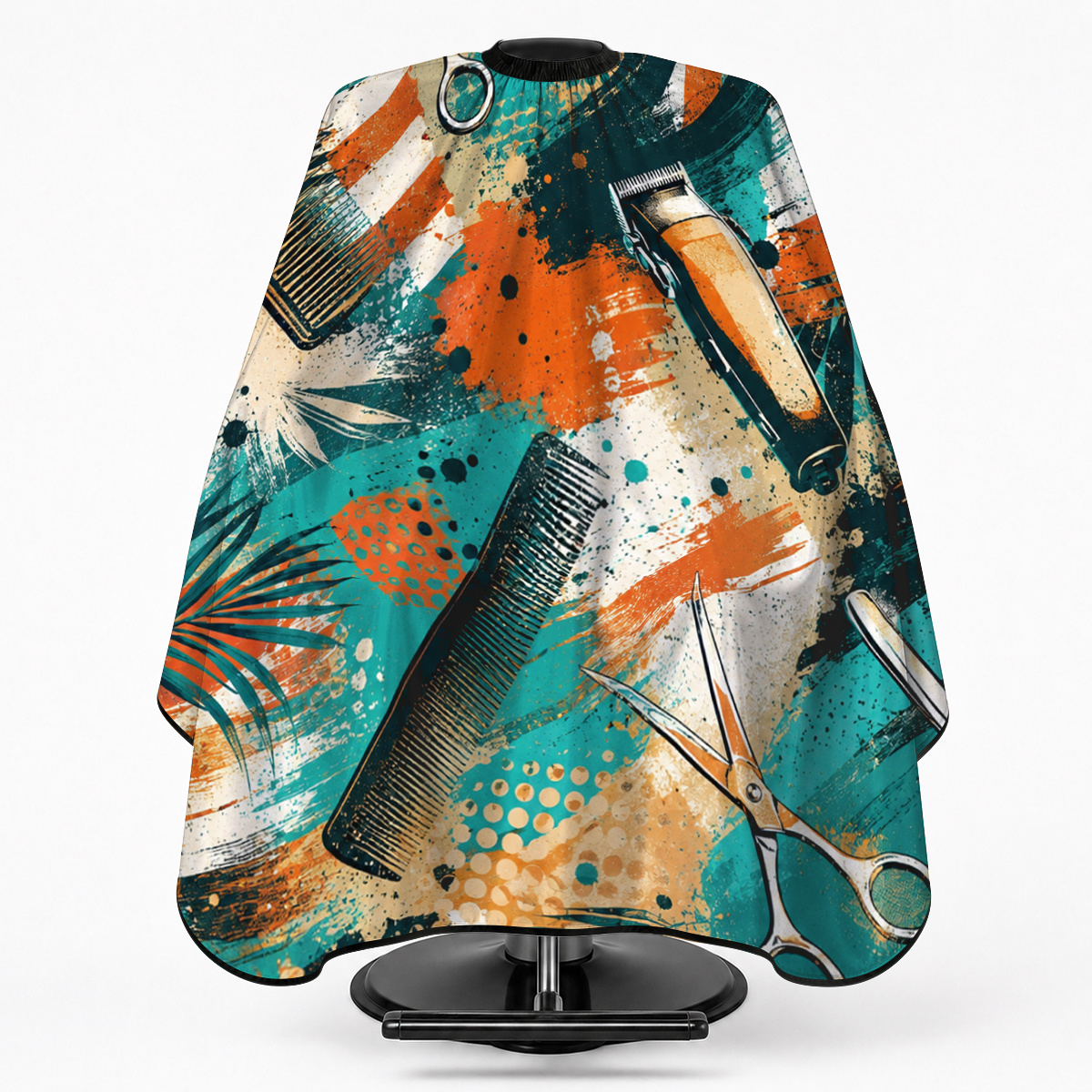 TEMU 1pc Polyester Barber Cape With Snap Fastener, Teal Orange Paint Barber Tool Print, Adjustable Neck Hair Cutting Cloak For Hair Cut And Hair