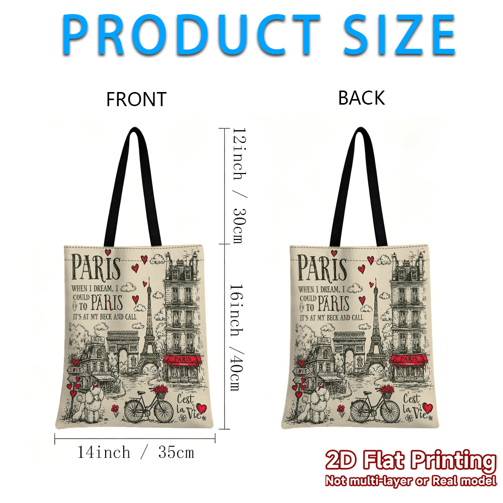TEMU Tower & Arc De Triomphe Tote Bag Suitable For Work Commute, Weekend Trips, Grocery Shopping - Lightweight Reusable Bag With Eiffel Arc Hearts