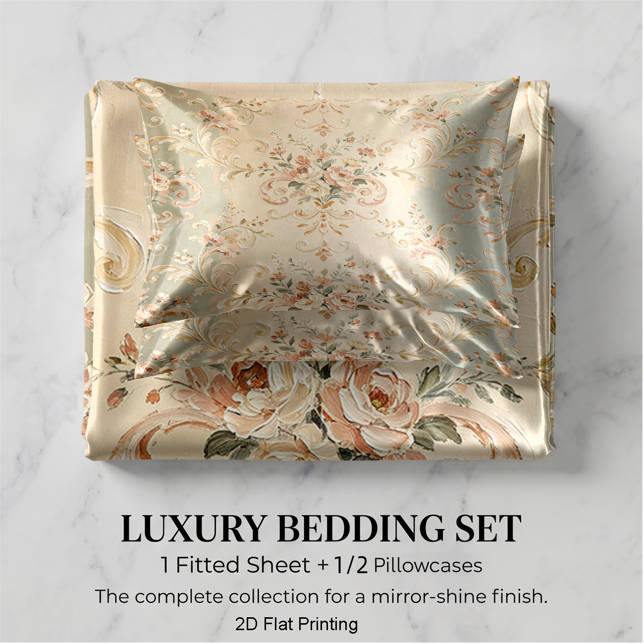 TEMU 2pcs/3pcs Luxury Satin Bed Sheets Suitable For - -friendly Quilted Fitted Sheet & Pillowcases With Elegant Floral Scroll Pattern, Machine