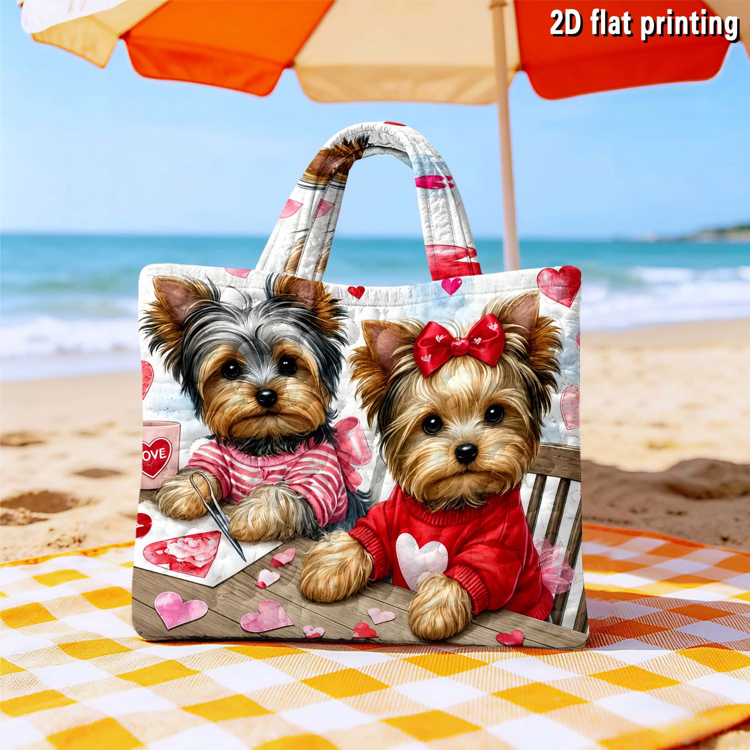 Image of A Cute Yorkshire Terrier Print-themed Quilted Tote Bag, A Large-capacity, Fashionable, Lightweight, And Reusable Single-shoulder . Durable And Perfect For , Parties, Outdoor Picnics