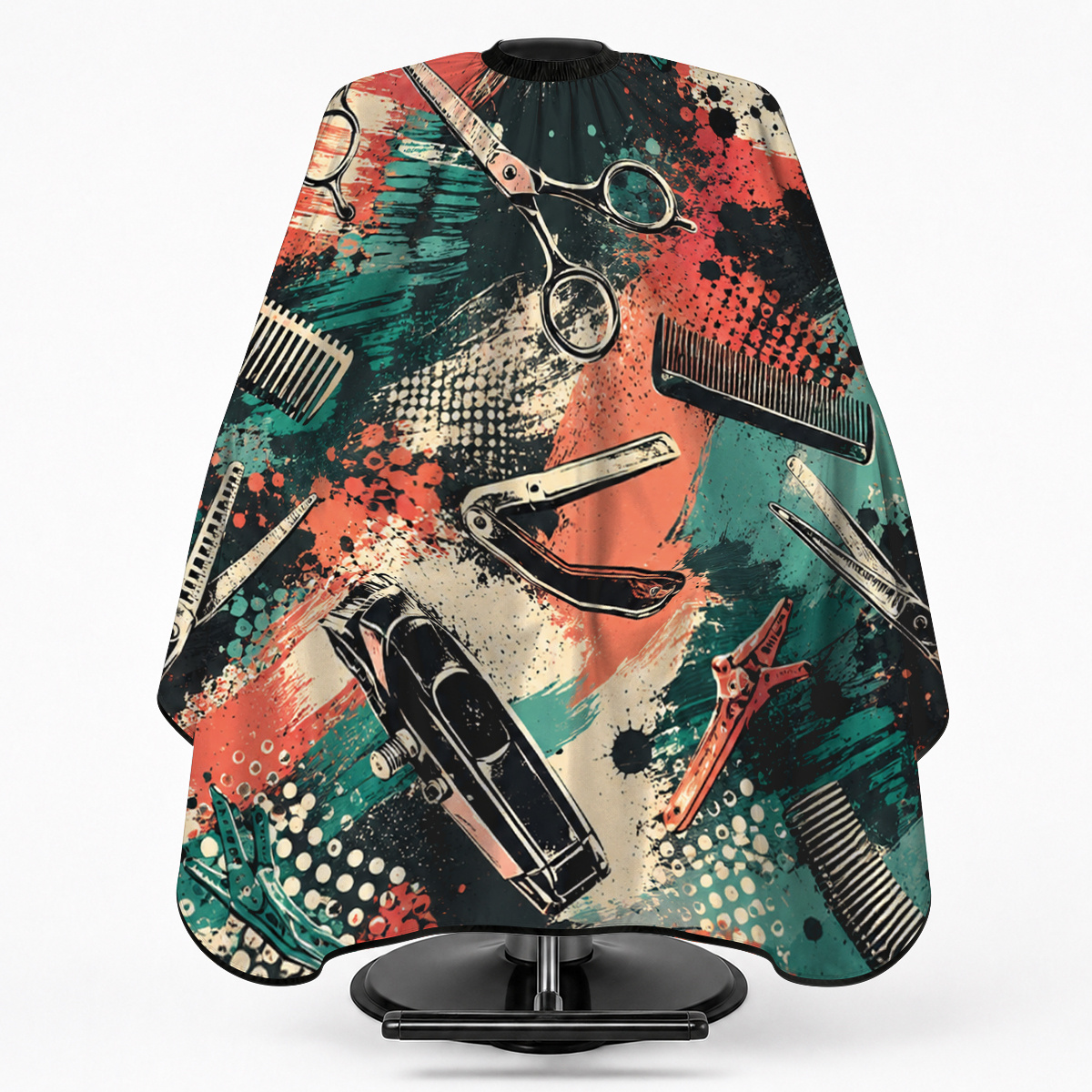 TEMU 1pc Polyester Barber Cape With Snap Fastener, Teal Orange Retro Splash Paint Barber Tool Print, Adjustable Neck Hair Cutting Cloak For Hair Cut