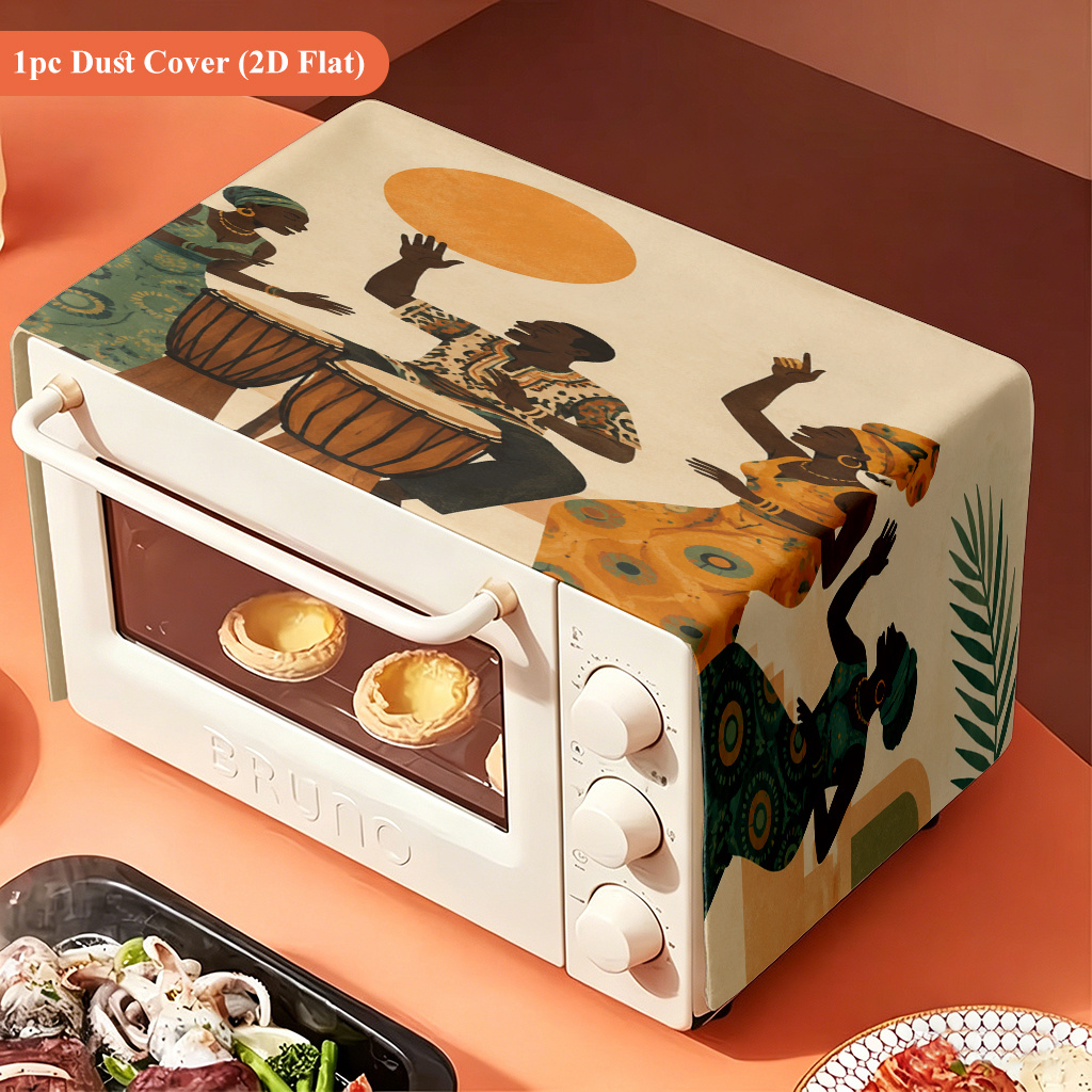 TEMU 2d Flat 1pc, African Drum Dance Scene, Microwave Oven Dust Cover, Printed Design Kitchen Appliance Protective Cover, Modern Kitchen Decoration,