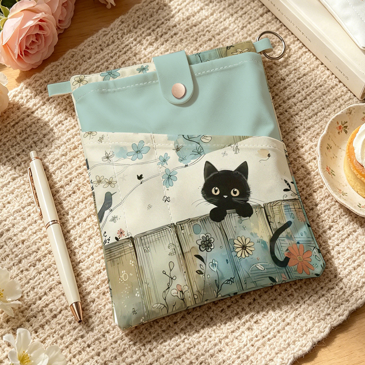 TEMU 1pc Book Cover With Cute Black Cat & Floral Fence Print - A5 Compatible Case Suitable For Books, Notebooks, Journals, Phone Case Holder | Cover
