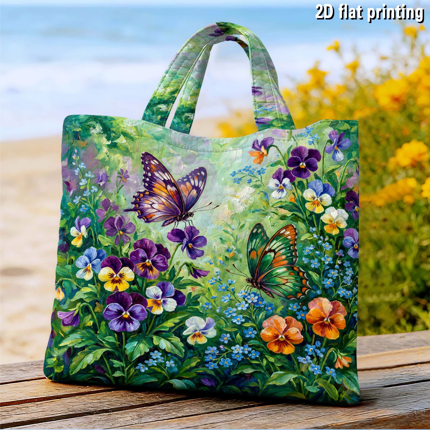 TEMU A Pansy Print Themed Quilted Tote Bag, A Large-capacity Fashionable Printed Lightweight Shoulder . Reusable And Durable, An For Outdoor Picnics