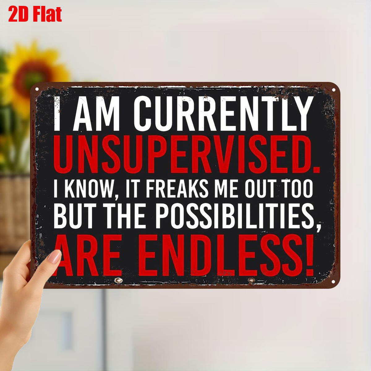 TEMU 2d Flat 1pc, " & Full Of ! Funny Metal – Red Text On Black Background" 8×12 Inch