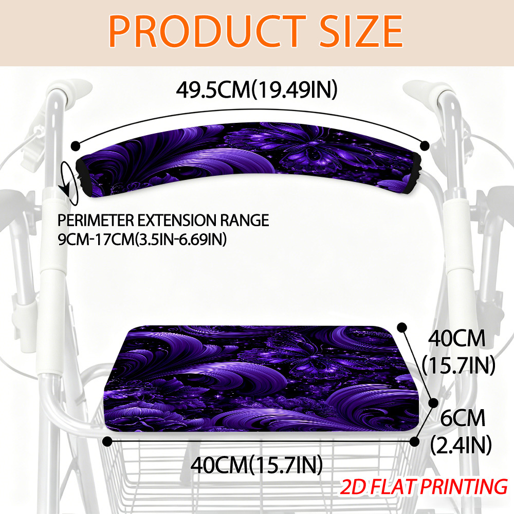 TEMU Universal Rollator Walker Seat Backrest Cover With Purple Butterflies And Floral Swirls Design, Elastic Removable Non-slip Cushion Protector